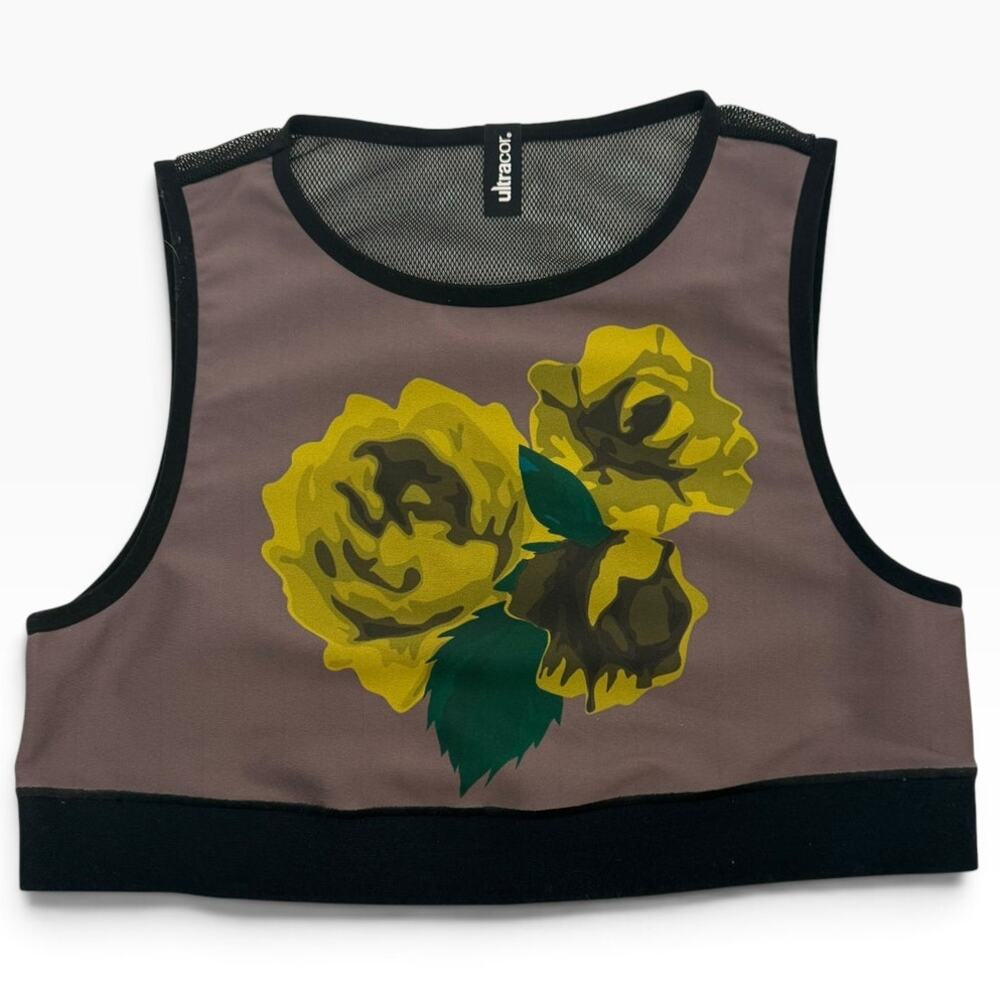 Ultracor Womens Size S Yellow Rose Print Crop Tank Mesh Back NWOT